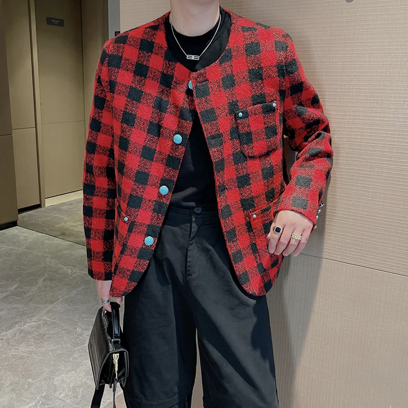 2024 French Retro Red Plaid Jacket Men's Korean Streetwear Fashion Show Loose Casual Short Jacket Spring Autumn Coat Outerwear