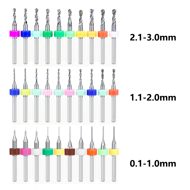 PCB Drill Bit Set 10pcs 0.1-3.0mm Micro Carbide For Printed Circuit Board Mini CNC Wood Metal Modeling Drilling Tool