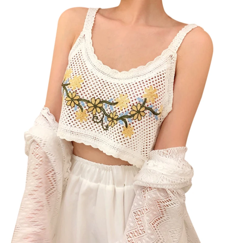 Women's Sweet Knitted Camisole Bohemian Style Floral Embroidery Sling Vest Summer Casual Versatile Beach Tops