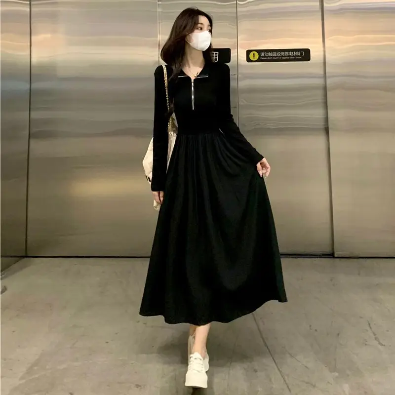 Fashion Stand Collar Zipper Spliced Folds Casual Dress Female Clothing 2024 Autumn New Loose Korean Solid Color Princess Dress