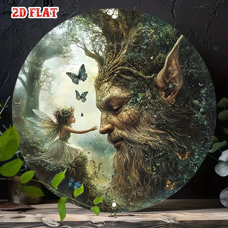 Vintage Enchanted Fairy & Tree Spirit Iron round Sign 2D Flat Vibrant Fantasy Wall Art for Bathroom Garage Farm Decor
