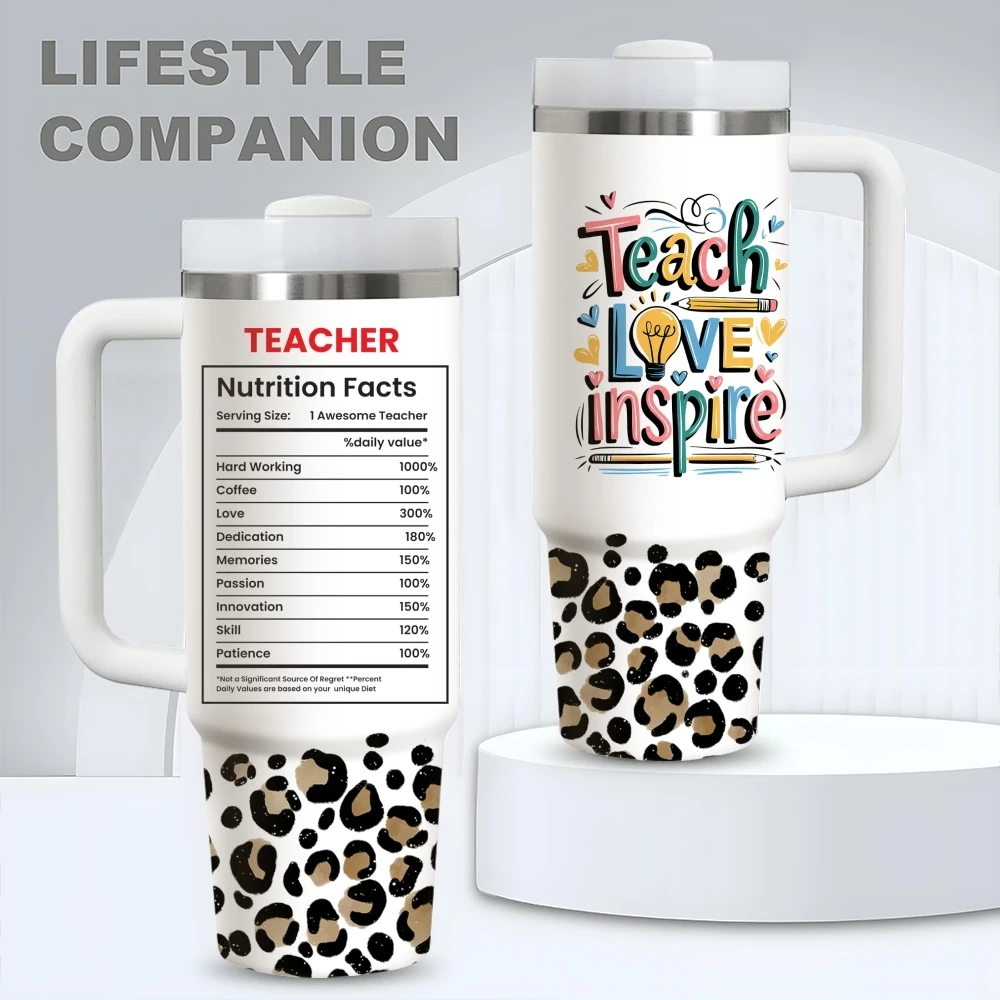Teacher Nutrition Facts Leopard Vacuum Flasks 40oz Stainless Steel Vacuum Insulated Tumbler with Straw Leak Resistant Travel Mug
