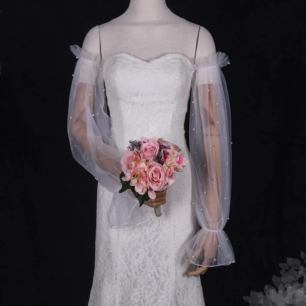 

Decorative with Pearl Bridal Sleeves Wedding Dress Elastic Cuff Detachable Sleeves Puffy Tulle Sleeve Wedding