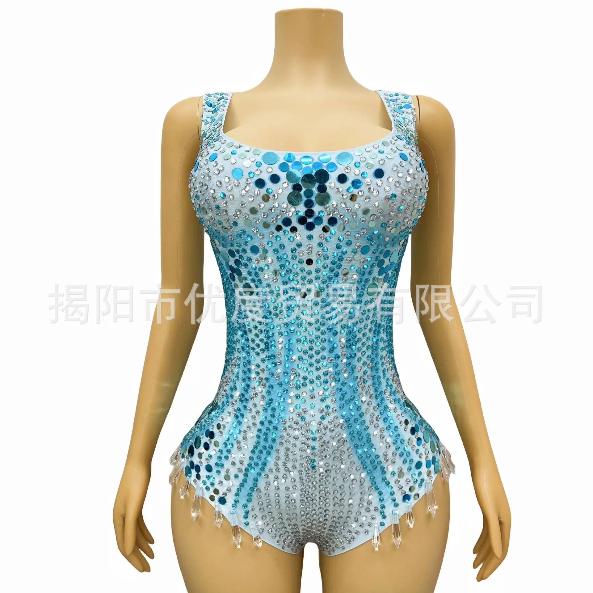 

Sexy Rhinestone Sequins Crystal Dress Cocktail Party Night Singer Performance Jumpsuit Green Film Party Wear Dress For The Women