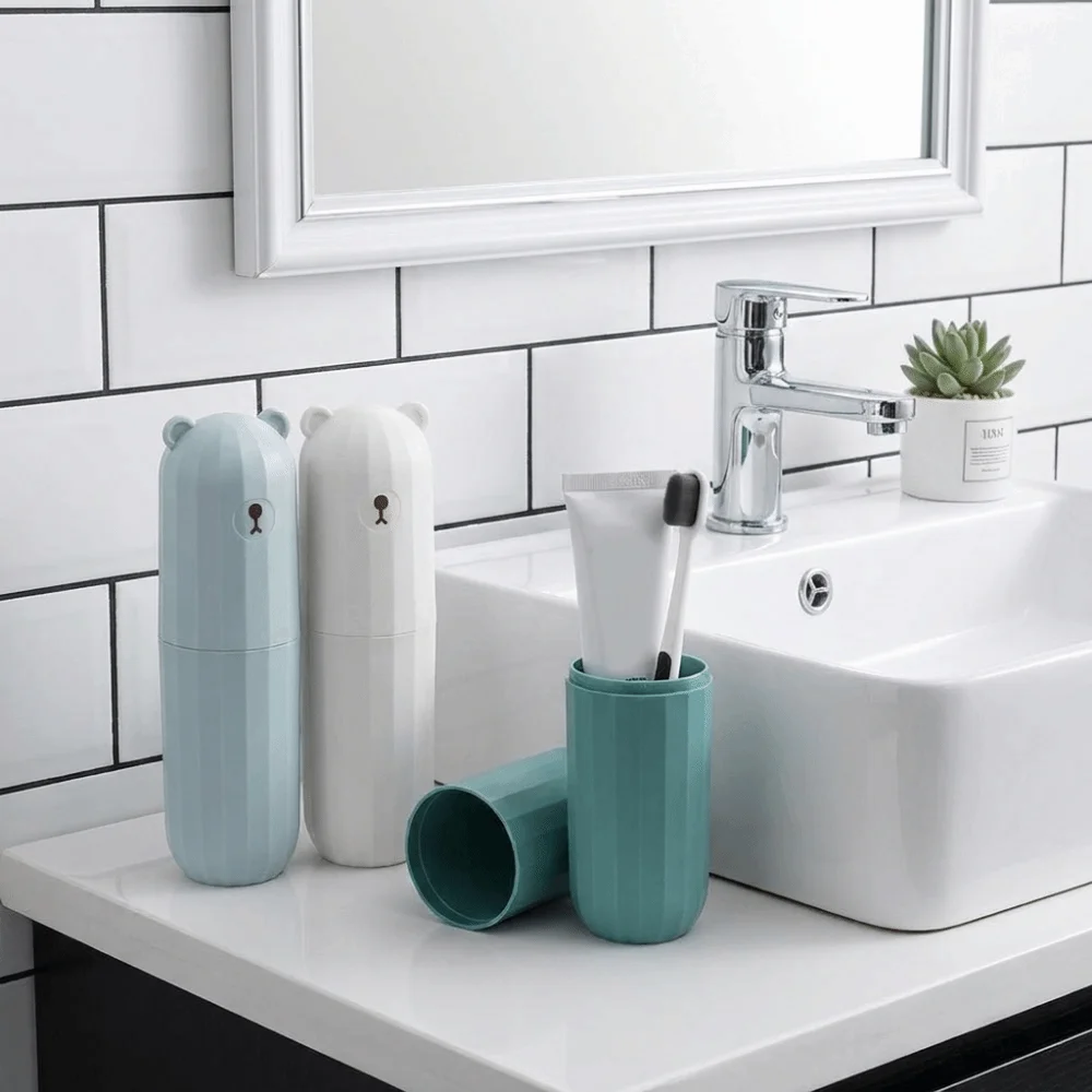 Plastic Travel Toothbrush Cup Large Capacity Cartoon Bear Toothpaste Holder Waterproof Dust-proof