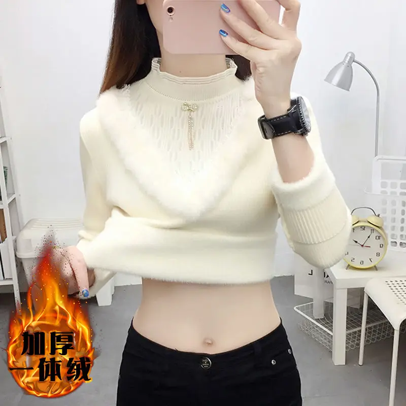 Korean Turtleneck Thicken Knitted Pullovers Woman Winter Plus Velvet Heart Sweater Casual Fleece Lined Warm Knitwear Tops