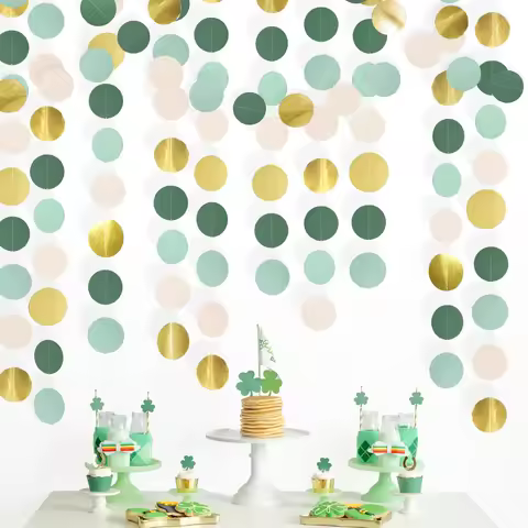 Sage Green Mint Beige Gold Circle Garlands Hanging Safari Bridal Shower Engagement Wedding St.Patrick's Party Polka Dots Decor