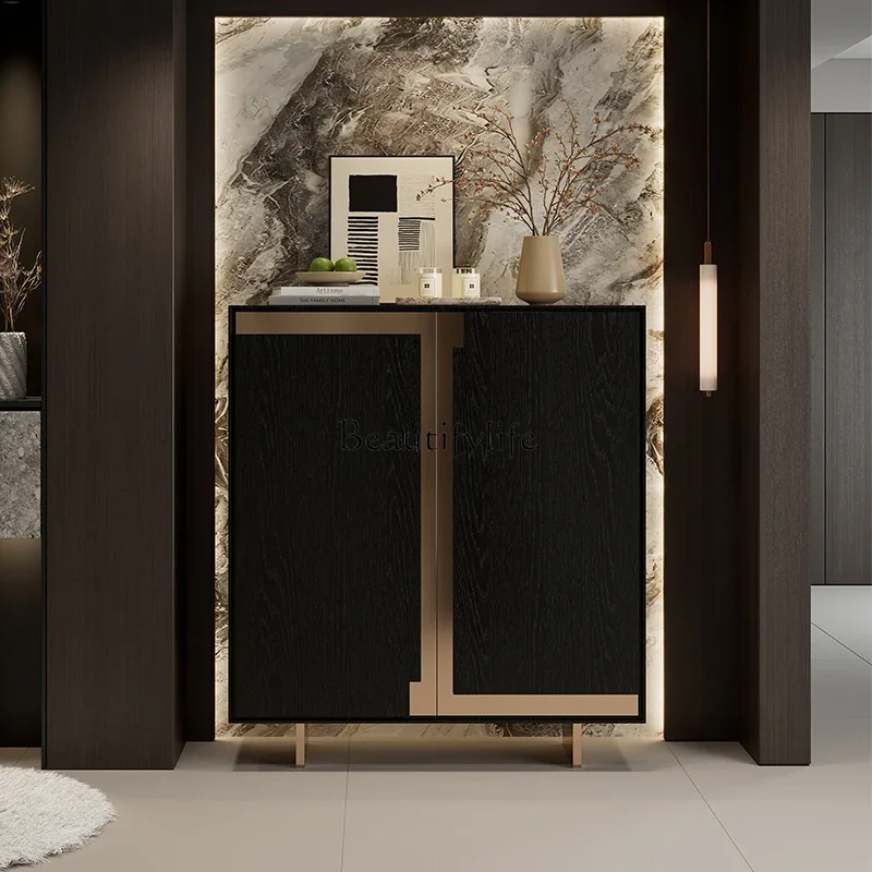

ld14 Light Luxury Solid Wood Modern Minimalist Decorative Side Cabinet Against The Wall Integrated Storage High Cabinet