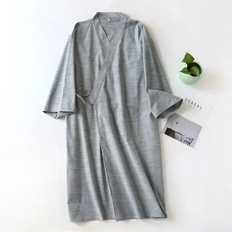 New 2024 Men\'s Casual Cotton Line Pajamas Solid Soft Sleepwear Male Bath Robe Japanese Kimono Cotton Nightgown Home Clothes Men