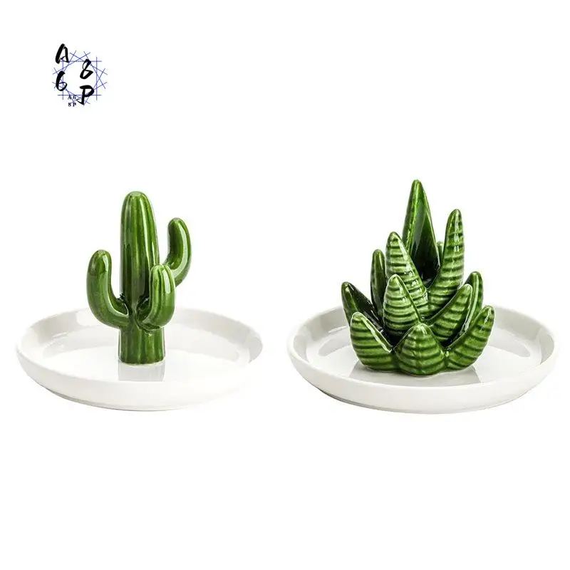 A68P-Set Of 2 Aloe And Cactus Ring Holder Dish, Plant Jewelry Dish Bracelet Earrings Necklace Organizer Tray