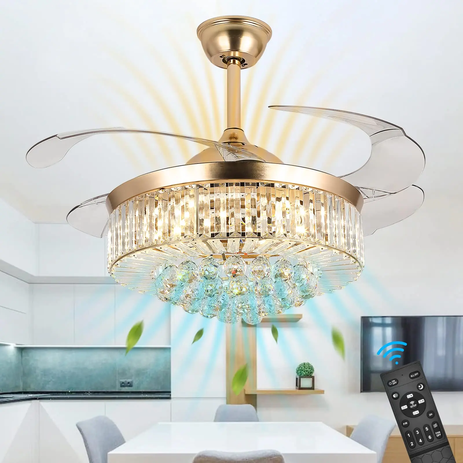 42 In Crystal Ceiling Fan Golden Modern Crystal Chandelier Ceiling Fan with Lights and Remote,Invisible Fandelier LED Light kit