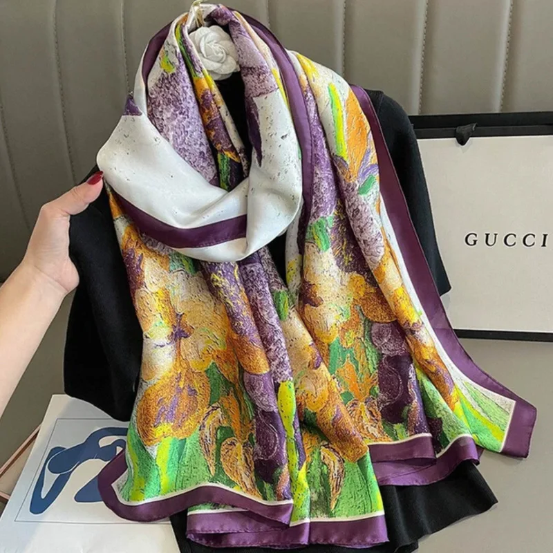 Classic Oil Painting Flower Fashion Emulation Scarf Female Sunscreen Beach Towel Holiday Shawl Outer Match