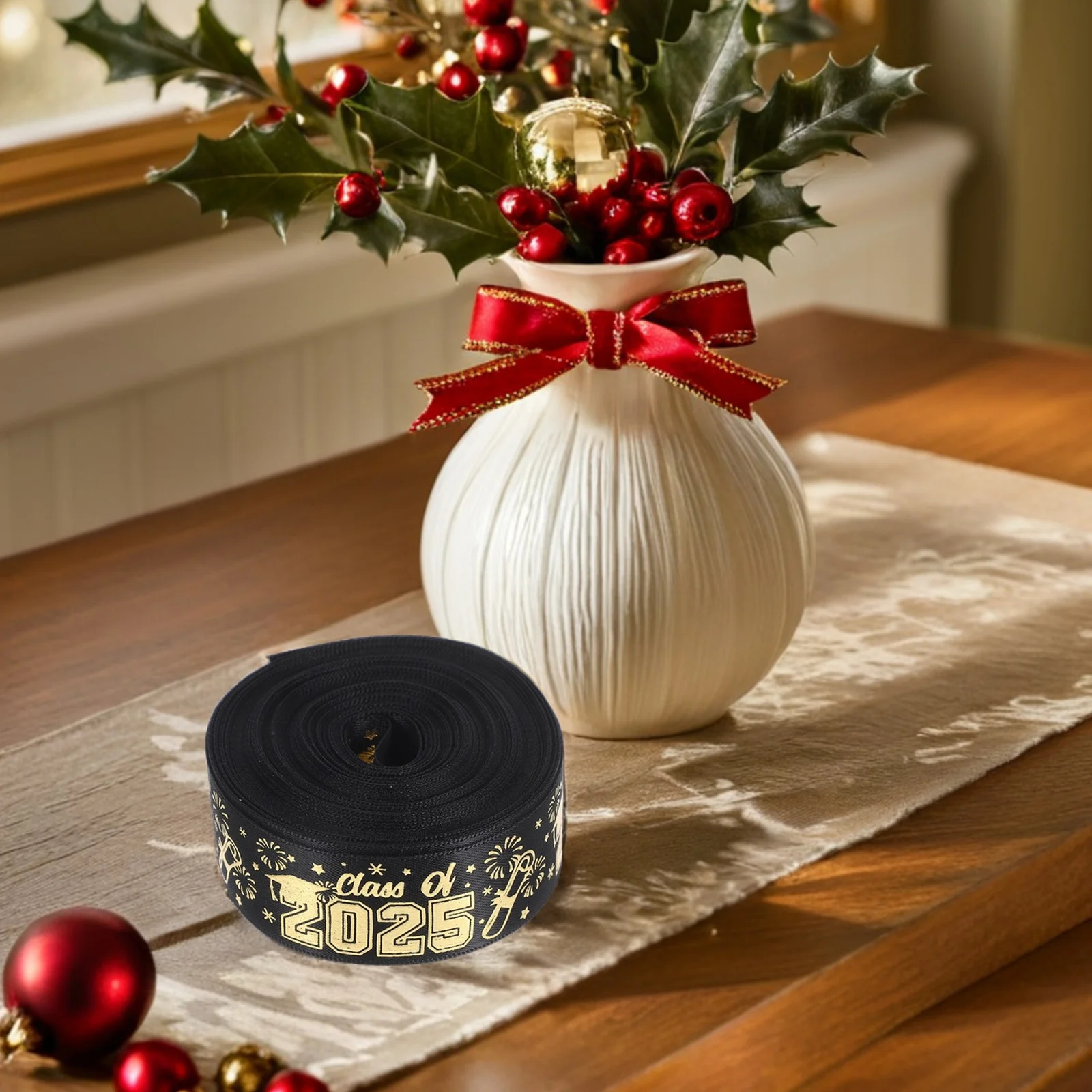 

1 Roll Graduation Ribbon Class of 2025 Printed Polyester Ribbon Gold Foil Heat Transfer for Graduation Party Favors Wrapping