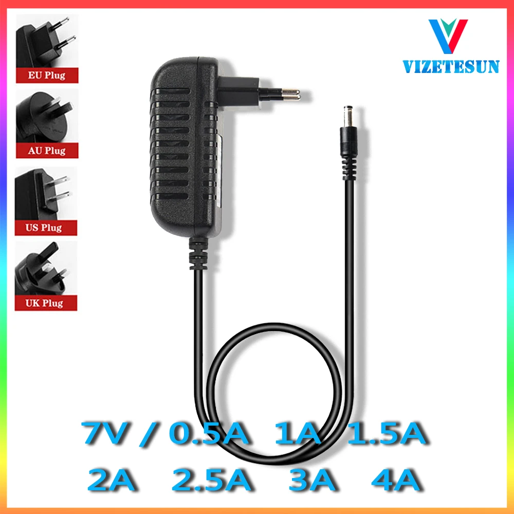 DC 7V 0.5A Power Adapter 7V 1A 1.5A 2A 2.5A 3A 4A AC 110V 240V AC DC Adapter 5.5*2.1mm Eu Plug Us Plug