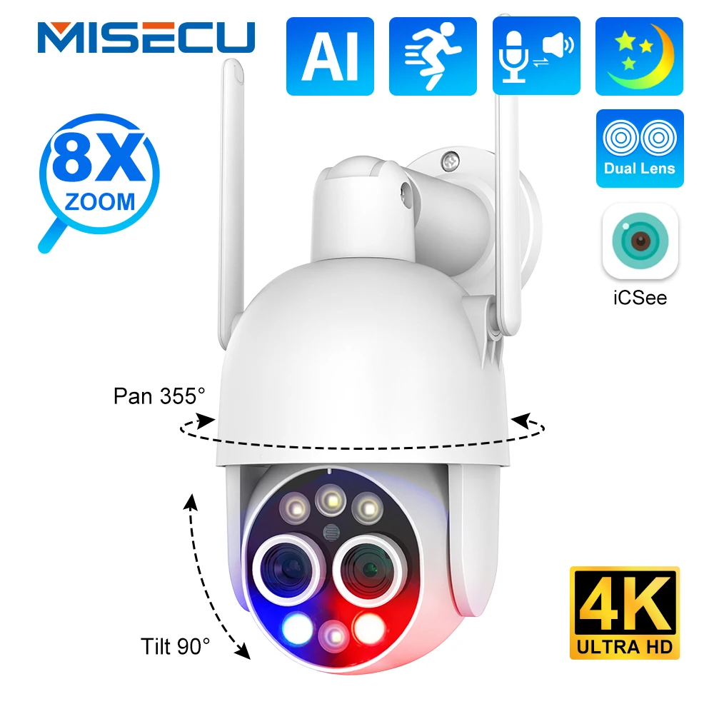 MISECU 8MP 4K 2.8+12mm Dual Lens Outdoor Wifi Camera 8x Hybrid Zoom PTZ Wireless IP Camera Auto Tracking Surveillance Camera