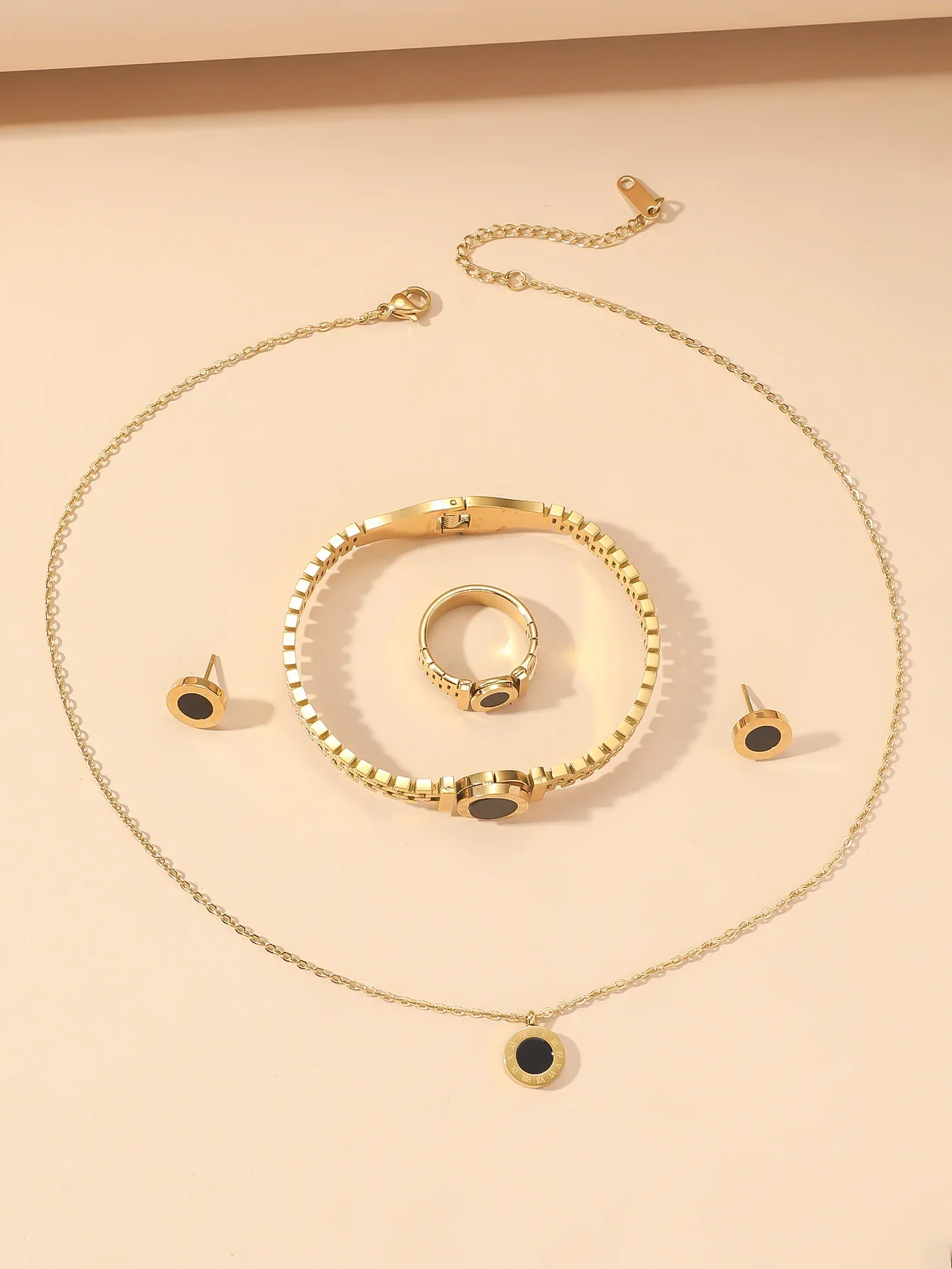 Niche design Roman digital necklace bracelet set female titanium steel ring studs simple