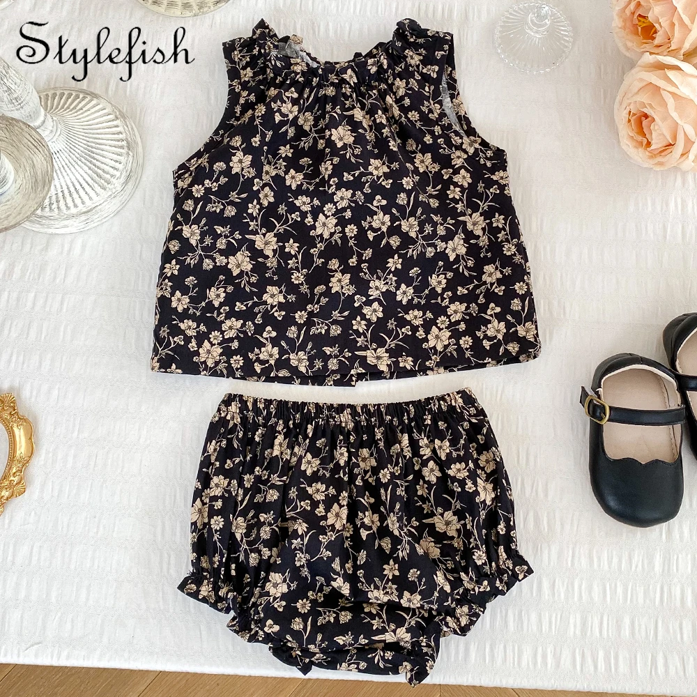 2023 summer baby girl temperament floral ear collar sleeveless top+button-up short pants 2-piece suit cotton triangle romper