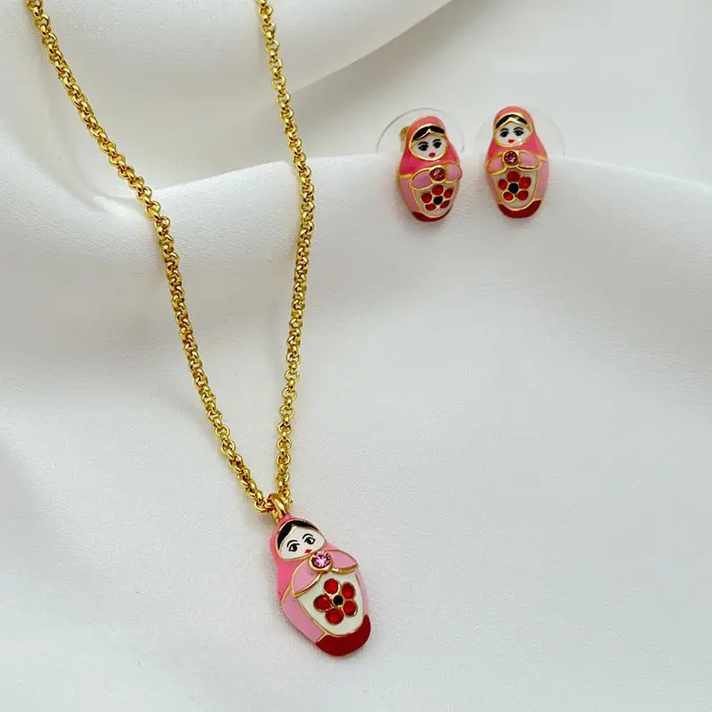 

New Cute Doll Baby Stud Earrings Long Necklace Russia Ethnic Style Enamel Glaze Bright Zircon Fashion Personalized Jewelry Set