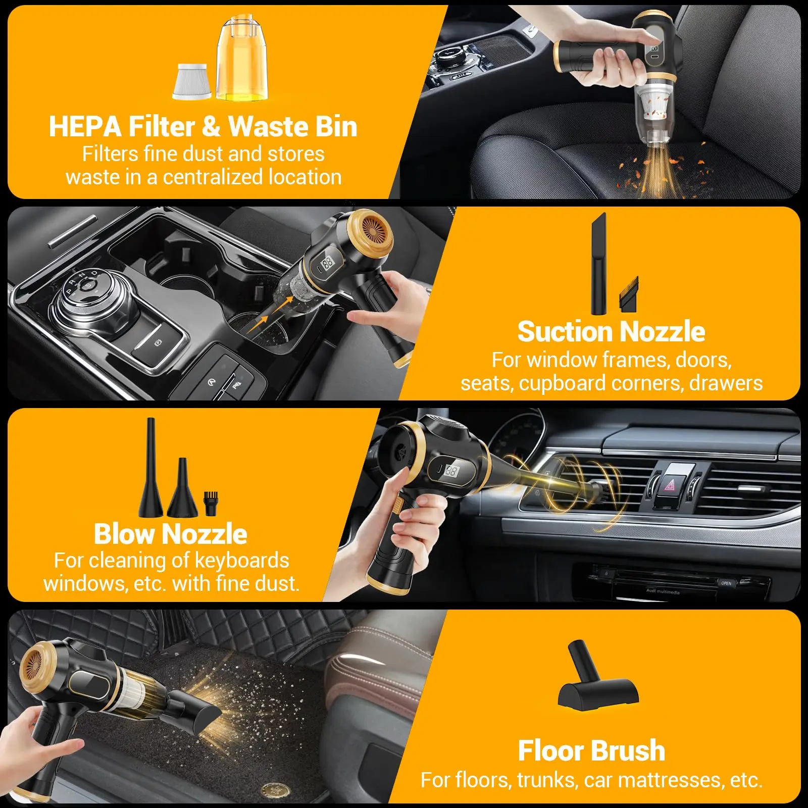 Cordless Handheld Car Vacuum, Rechargeable High Power with LCD, Multi-Nozzles for Pet Hair & Home - Image 4
