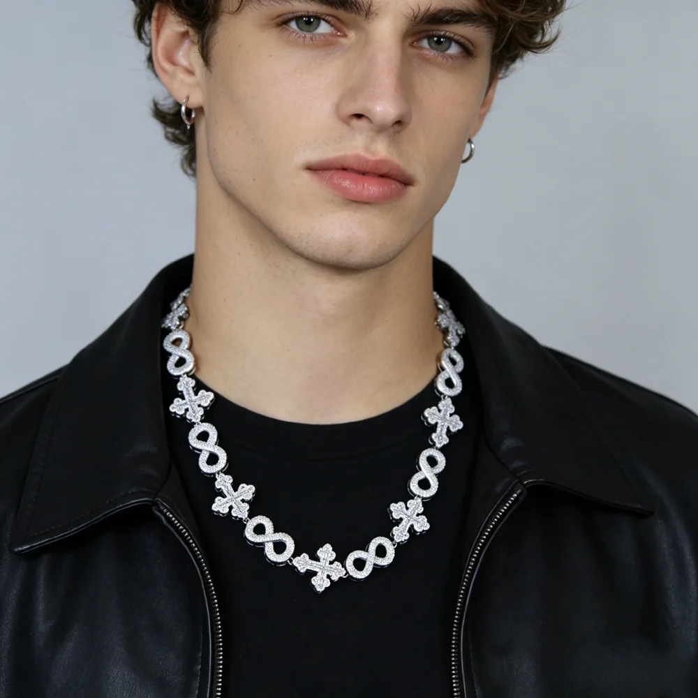 

2025 Hip Hop Iced Out Bling Cz Cross Infinity Charm Men Necklace Micro Paved Cubic Zirconia Link Chain Fashion Jewelry