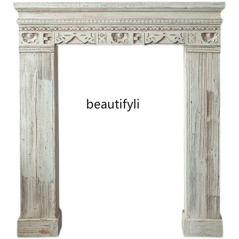 

French Pastoral Retro Fireplace Mantel Living Room Carved Distressed Curio Cabinet Solid Wood Console Tables