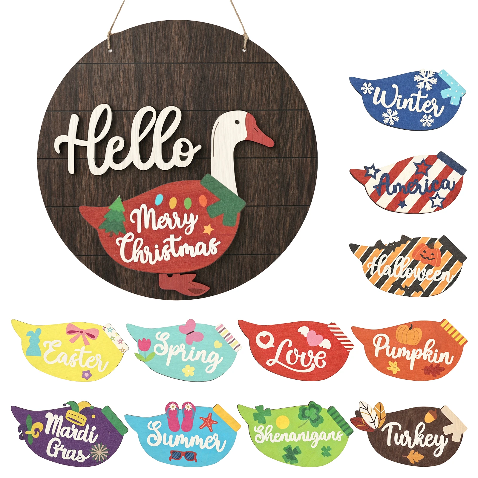 11.8Inch Interchangeable Wooden Goose Decor Decorative Holiday Seasonal Welcome Changeable Hello Geese Signs for Front Door Home