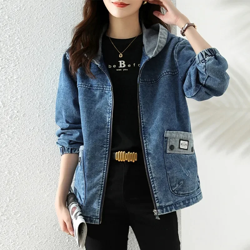 Women Denim Jacket New Spring Autumn Long Sleeve Tops Female Casual Hooded Jeans Jackets Women Big pocket Cowgirl Outerwear