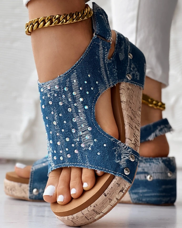 Cutout Rhinestone Studded Platform Denim Wedge Sandals