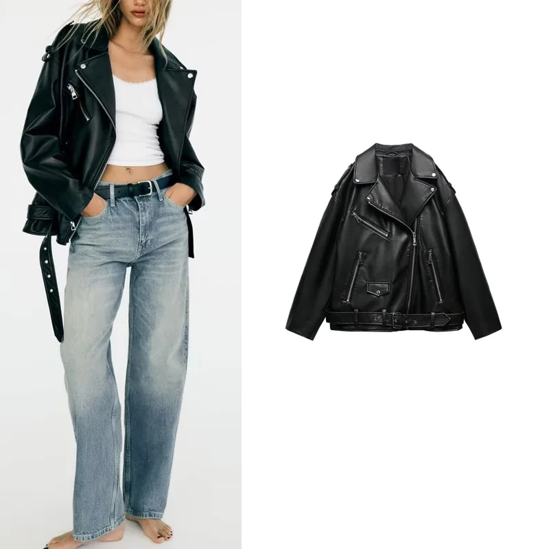 Spring New Sle Loose Bla PU Leather Long Sve Jaet Collar Coat Women's Faion Retro Motorcycle Sle Outerwear