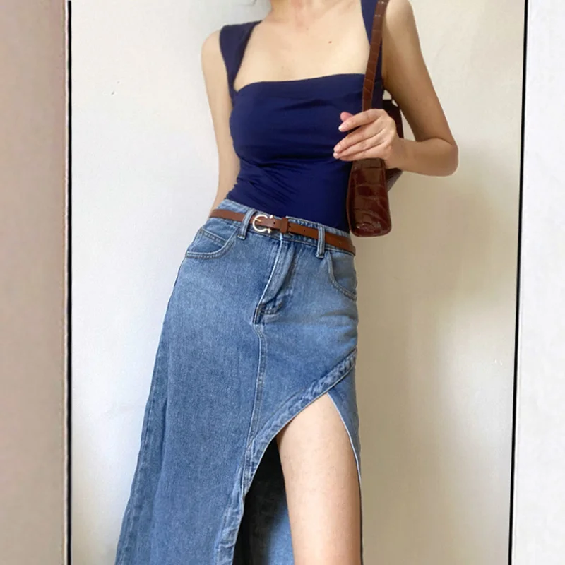 Summer Women Basic Ruched Suspender Tops Lady Fashion Navy Blue Slim Fit Holiday Vest Female Sexy Korean Style Short T-shirts