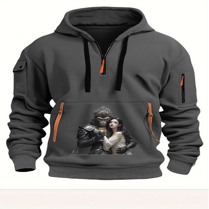 2024 new autumn and winter leisure men\'s multi-pocket European size pullover fashion dark myth printed pattern outdoor men joggi