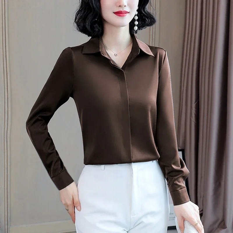 Women Silk Office Shirt 2024 Fashion Long Sleeve Casual Female Tops Elegant Ladies Vintage White Satin Blouses Shirts Oversized