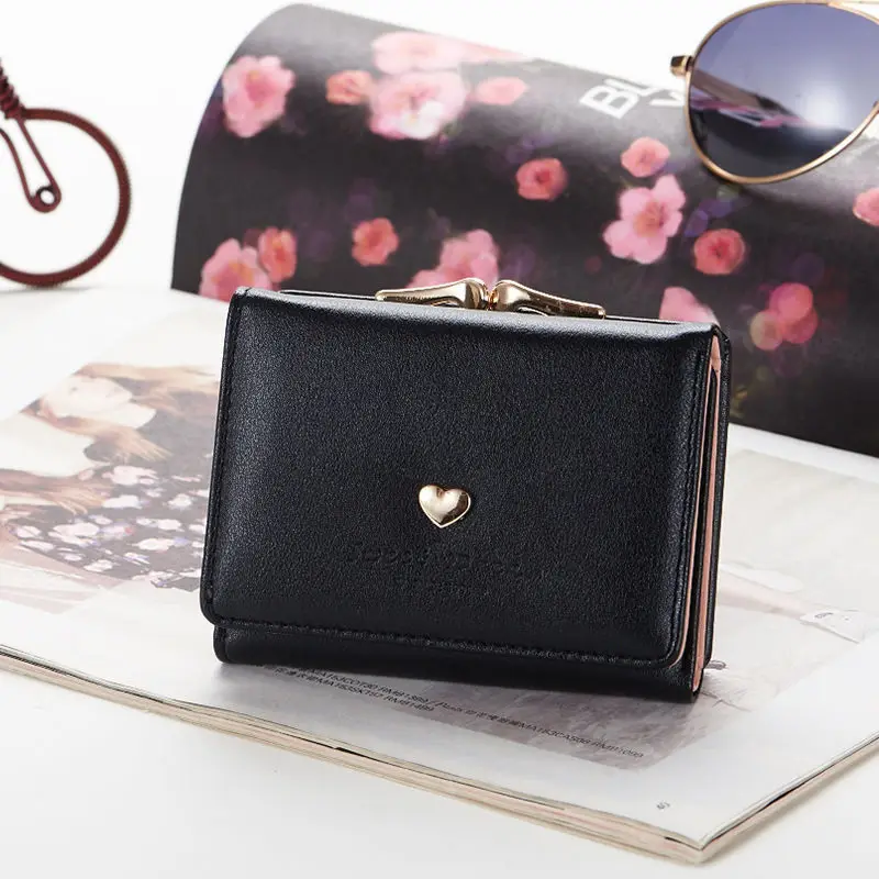 Solid Color Vintage Short Wallet New Candy Color Fashion Women Coin Purse Leather Heart Hasp Ladies Girls Card Holder Clutch Bag
