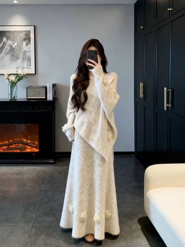

Winter Knitted Sweater And Skirt Set Women's Color Floral 3D Embroidery High-End Fragile Sle Long Sve Workwear
