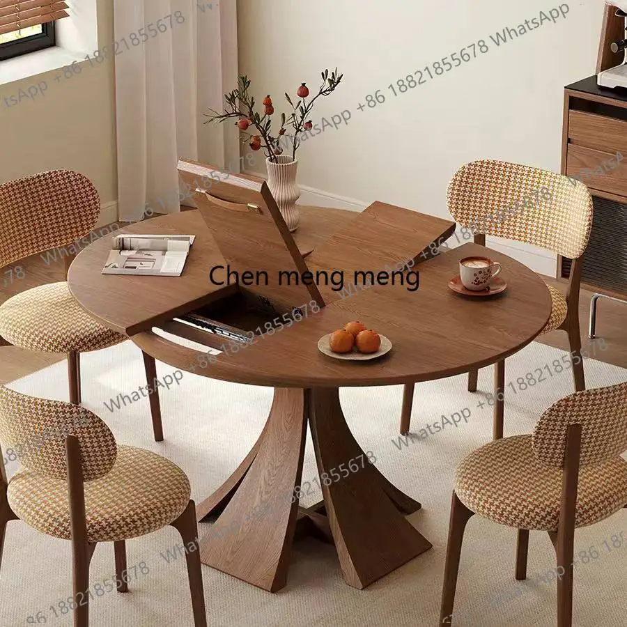Mid-ancient style all-solid wood telescopic round dining table variable oval stretching small apartment multi-functional