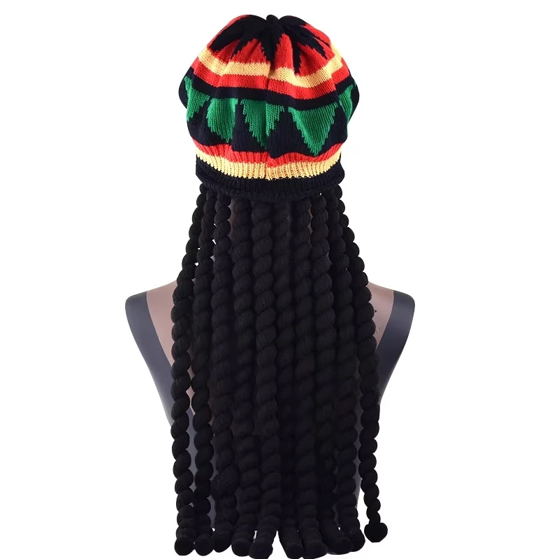 Rasta Style Knit Dreadlock Hat, Jamaican Reggae Wig Beanie, Striped Dress Up Costume Hat for Party Cosplay Novelty