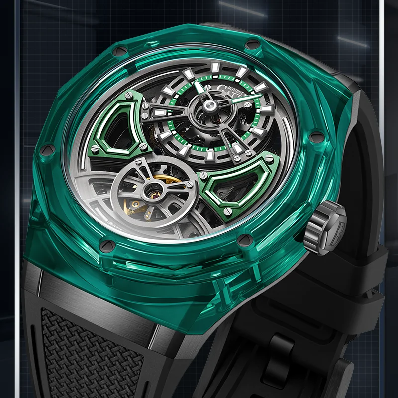 BONEST GATTI Men's Watch New Model Transparent Crystal Case Automatic Mechanical Wristwatch High-End Luxury Rubber Strap sport