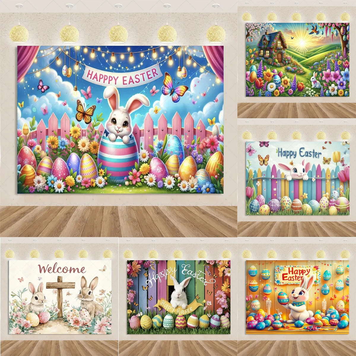 

Spring Easter Theme Partys Decoration Background Cute Bunny and Floral Eggs Banner Kids Surprise Gift Family Photo Shoot Props