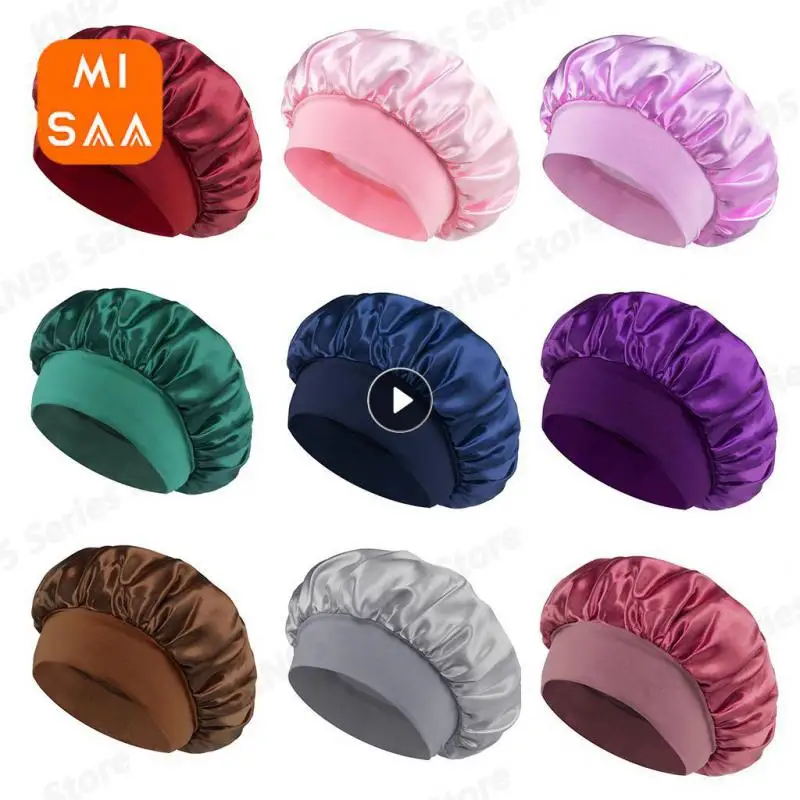 Women's Satin Sleeping Hat Wide-brimmed With Elastic Soft Band Hair Care Bonnet Silk Anti-frizz Hair Cap Beauty Hair Care Hat