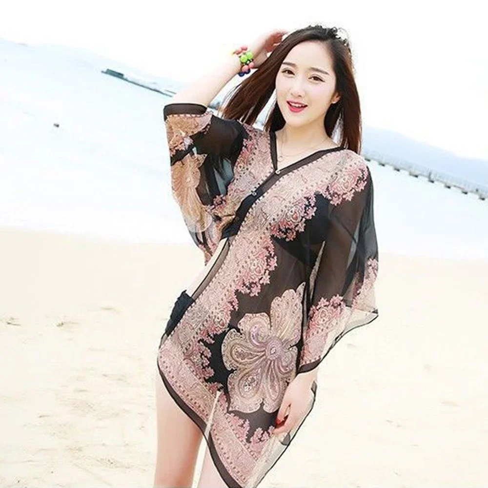 Floral Printing Shawl Women Cover-Ups With Buttons Sunscreen Comfortable Shawl Girl Beach Bikini Cover Up Sweet Chiffon Blouse