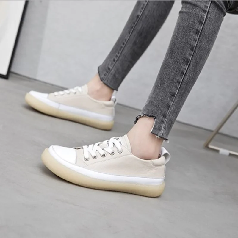 Women Spring Sneakers 2023 New Genuine Leather Trend Color Matching Women Shoes Flat Lace-up Casual Girl Student Shoes