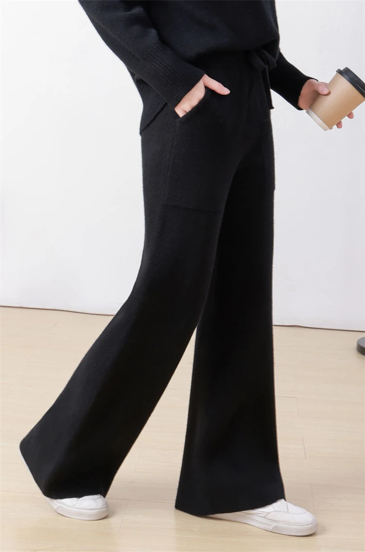 

Women's 100% Merino Wool Pants Autumn Winter Thick Wide Leg Pants Pocket Elasticated Waist Trousers Casual Loose Wool Knit Pants