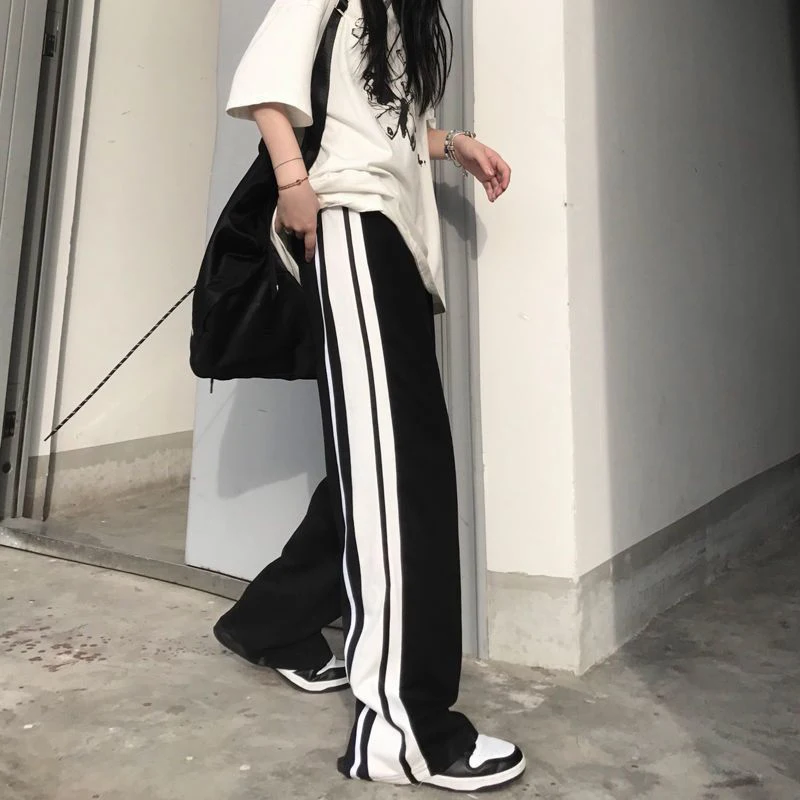 Women White Striped Sweatpants Summer Streetwear Female Straight Leg Trousers Harajuku All Match Loose High Waist Wide Leg Pants