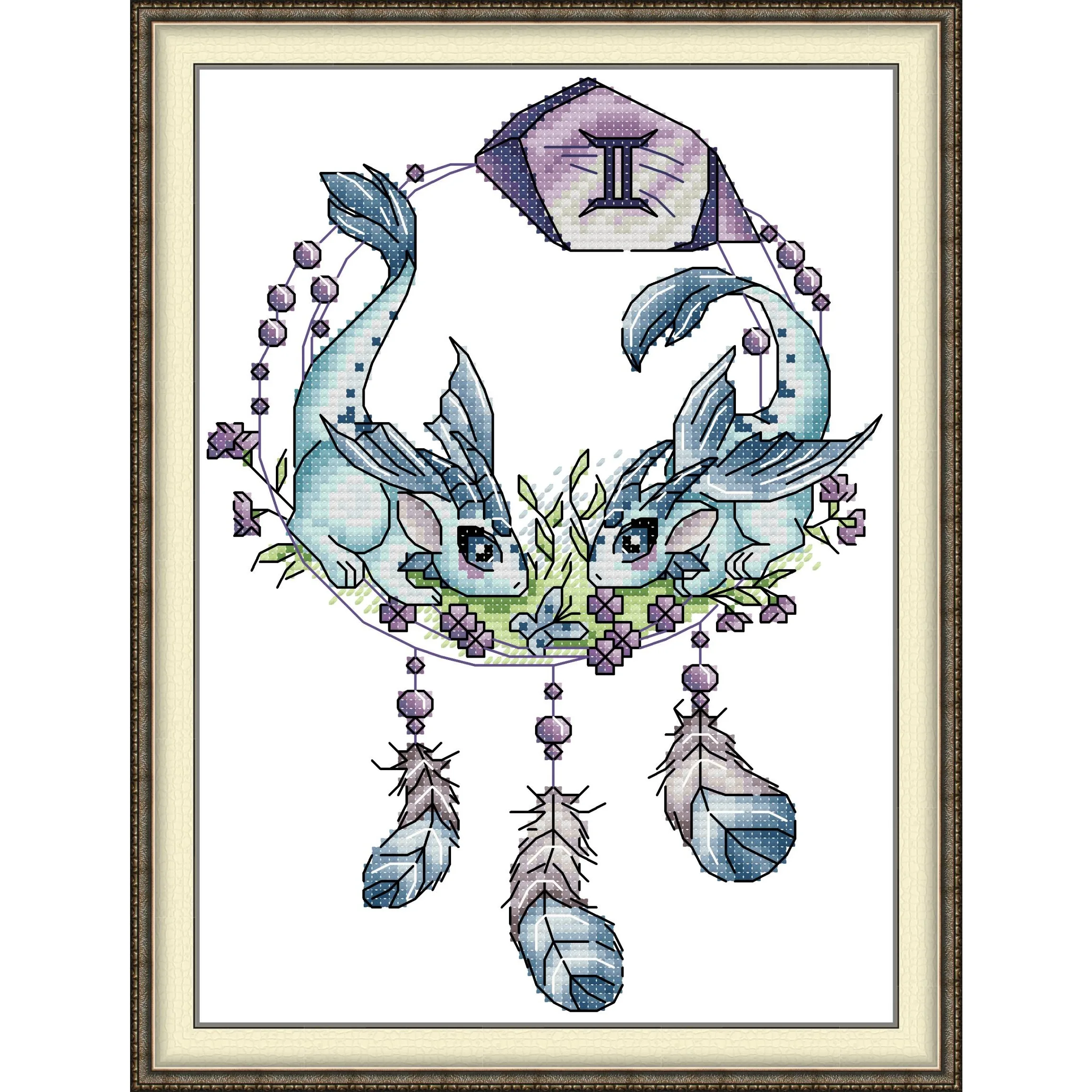 News Pre-Printed Cross Stitch Kit, Stamped Aida Fabric With DMC Threads, Embroidery Kit, Easy To Follow - Dragon Gemini