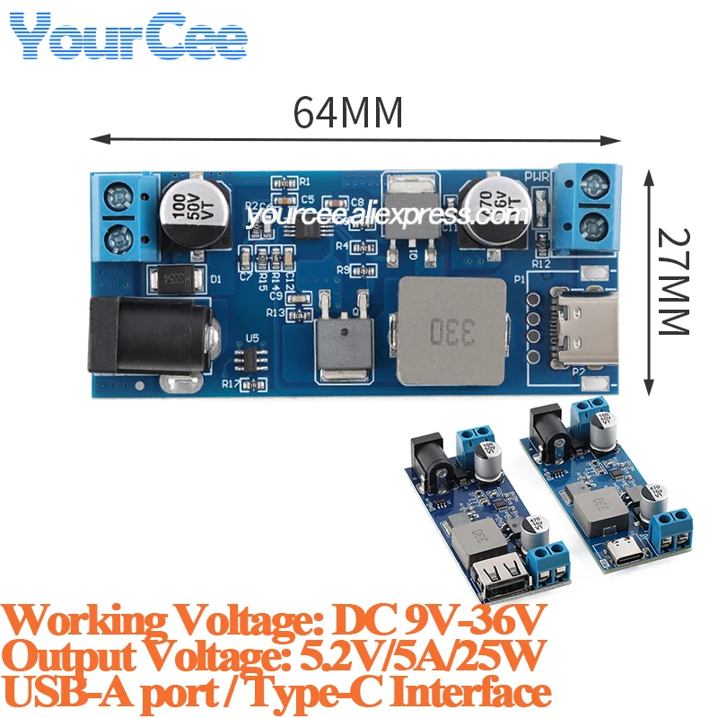 Power Buck module 24V/12V to 5V 5A 25W DC-DC step down power power converter Board super LM2596S USB-A/Type-C interface