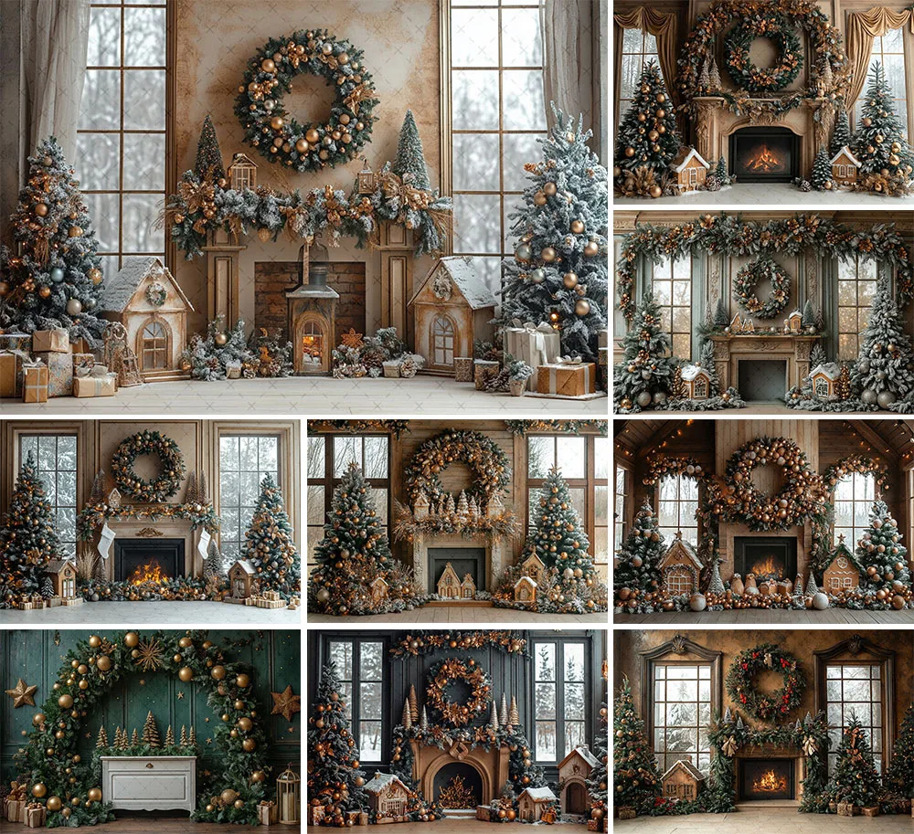 Mehofond Photography Background Christmas Vintage Fireplace Windows Xmas Tree Kids Family Portrait Decor Backdrop Photo Studio