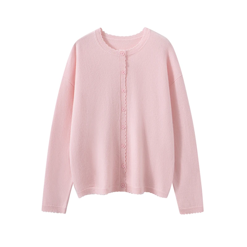 

New Chic Women Cashmere Cardigan O-neck Long Sleeve Sweater Autumn Winter 100% Cashmere Knitwear Basic Preppy Style Clothing Top