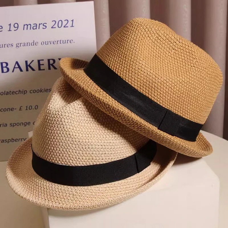 gemvie-女性男性夏わらジャズ帽子屋外ビーチパナマトリルビーハット無地ギャングスターキャップ