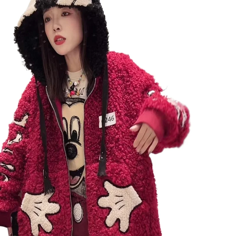Cappotto con cappuccio Top a maniche lunghe slim fit allentato foderato in pile di Topolino Sherpa patchwork resistente alla moda europea per le donne