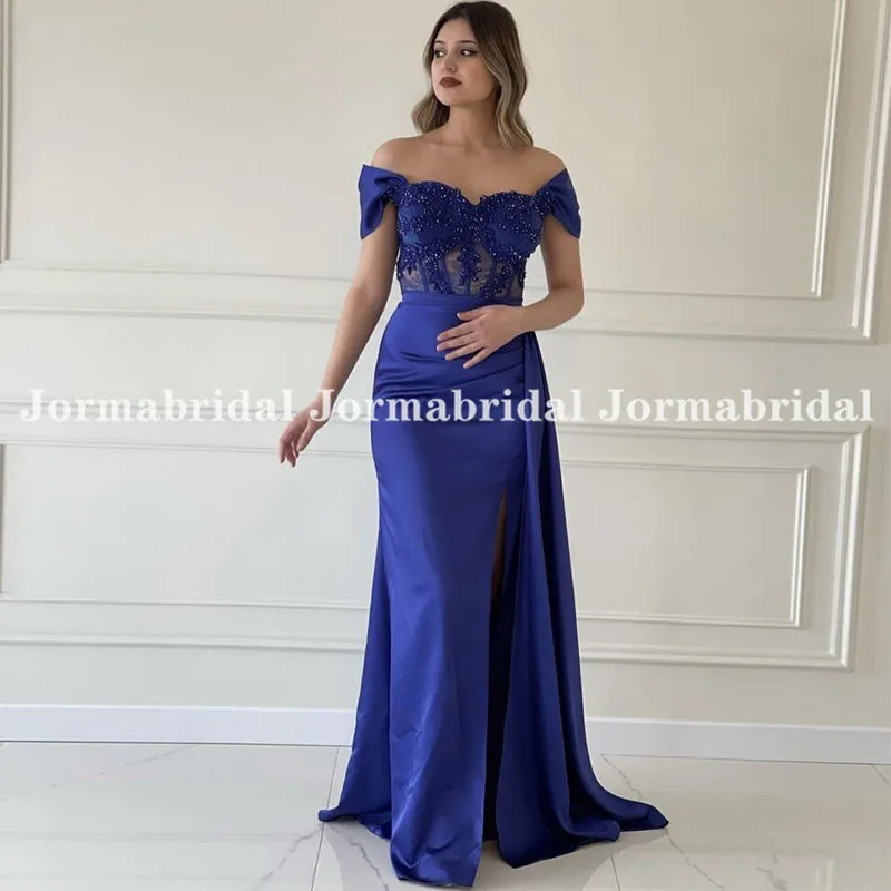 Customized Off the Shoulder Royal Blue Evening Dresses With Beaded Applique Sweetheart Neck Side Split Mermaid Long Party Dress